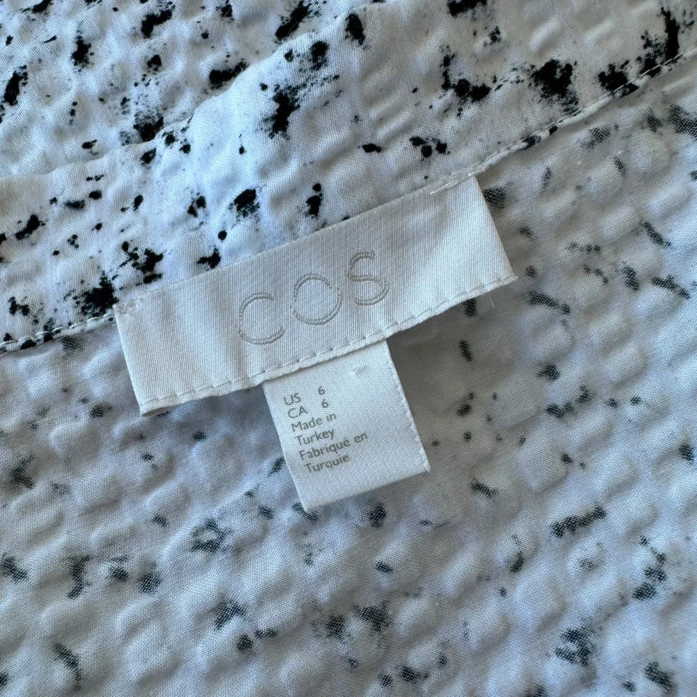 COS Crinkled Zip Front‎ Dress White Black Speckled Short Sleeve Collared Size 6